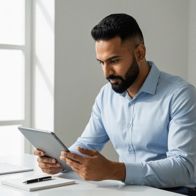 Person reviewing dental treatment plan on a tablet, symbolizing preparation