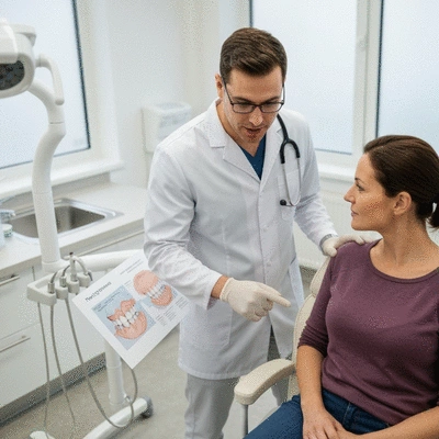 Dentist consulting with a patient about post-operative care, showing clear communication