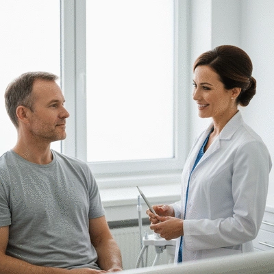 Patient and oral surgeon discussing treatment options in a modern dental office