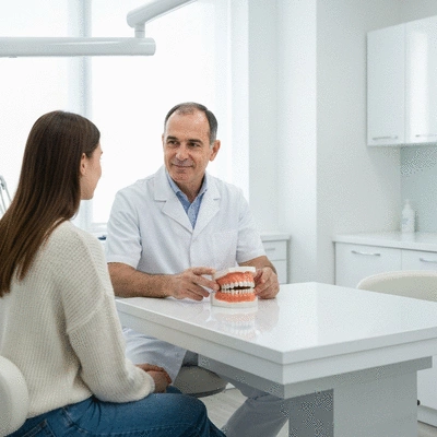 Oral surgeon consulting with a patient, showing a 3D dental model, in a clean modern clinic setting, professional and reassuring atmosphere