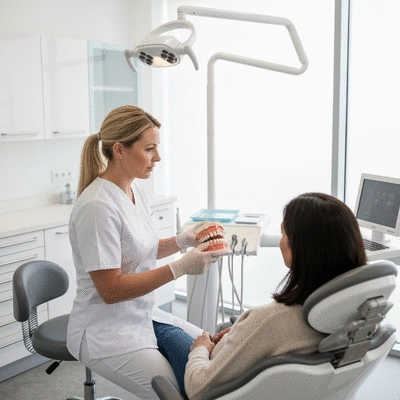 Oral surgeon explaining a procedure to a patient using a dental model