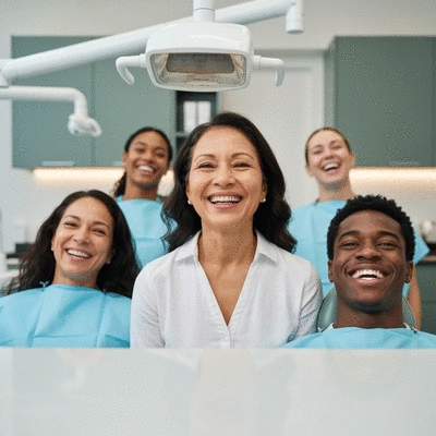 Diverse group of happy patients smiling after successful dental procedures, showcasing comfort and relief, bright and clean dental office background, no text, no words, no typography, clean image