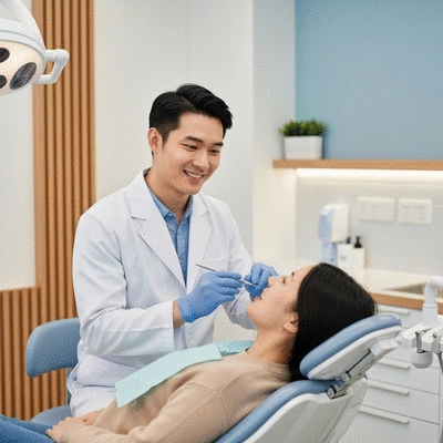 Oral surgeon consulting with a patient, showing care and expertise