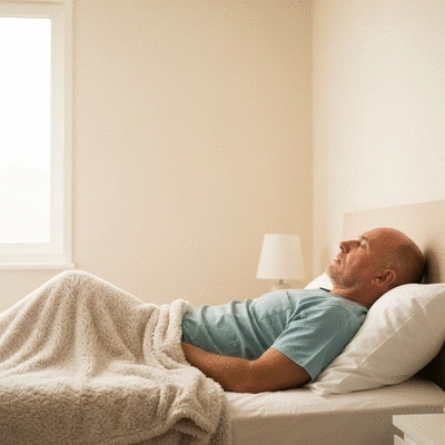 Patient resting comfortably after oral surgery at home, soft lighting, no text, no words, no typography, clean image