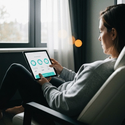 Patient using an interactive tool on a tablet to estimate dental aftercare costs