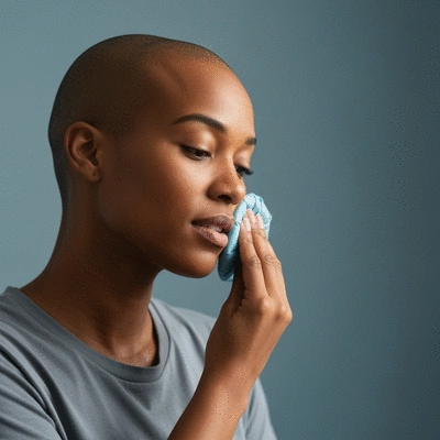 Patient gently applying ice pack to cheek after oral surgery