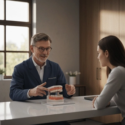Professional dental implant specialist explaining procedure to a patient in a modern clinic