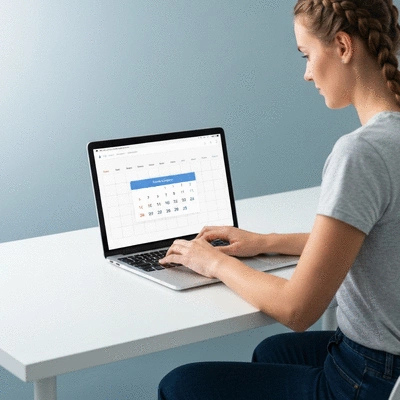 Person using a laptop to book an appointment online, with a calendar visible on screen, representing ease of scheduling