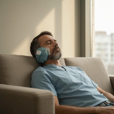 Patient resting comfortably after oral surgery, ice pack on cheek, quiet home environment, soft lighting