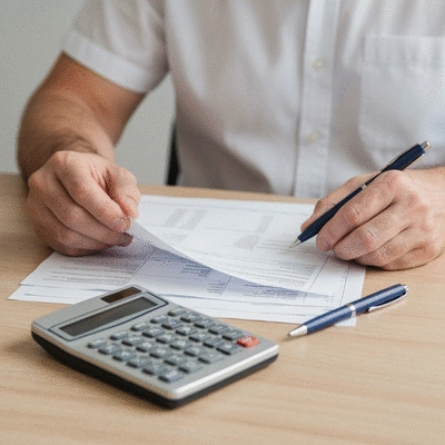 Person reviewing dental bill and financial documents with a calculator