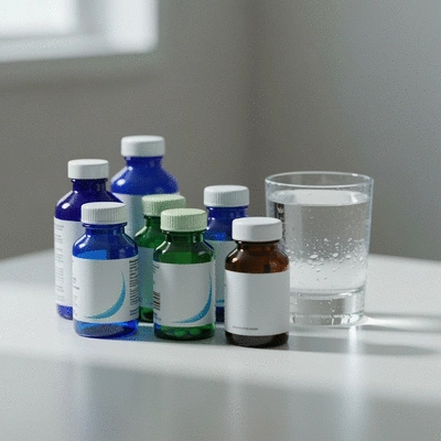 Assortment of medication bottles and a glass of water on a table