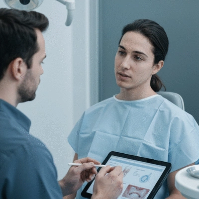 Patient receiving post-operative care instructions from an oral surgeon