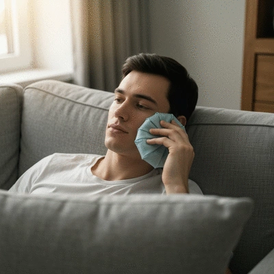 Patient resting comfortably after oral surgery, soft lighting, no text, no words, no typography, clean image