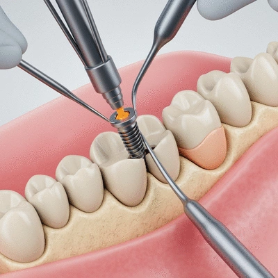 Detailed illustration of a dental implant being placed into a jawbone