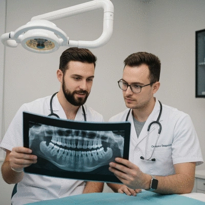 Oral surgeon and periodontist collaborating over dental X-rays