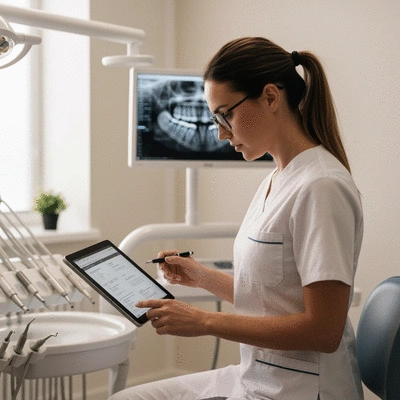 Dentist reviewing patient credentials and X-rays on a tablet