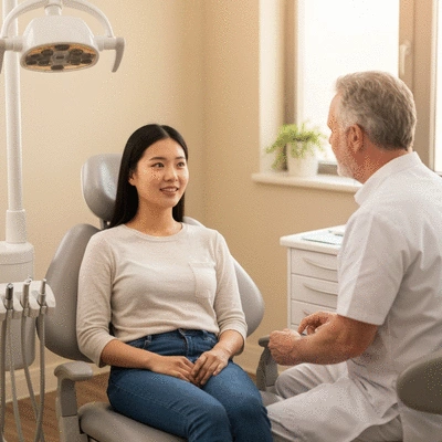 Patient comfortably seated in a dental chair, speaking with an oral surgeon, emphasizing trust and communication