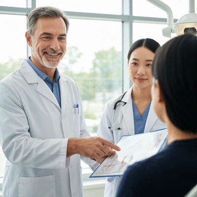 Dentist referring a patient to an oral surgeon with a confident smile
