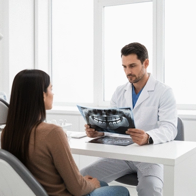 Oral surgeon reviewing dental X-rays with a patient in a modern clinic setting, no text, no words, no typography, clean image