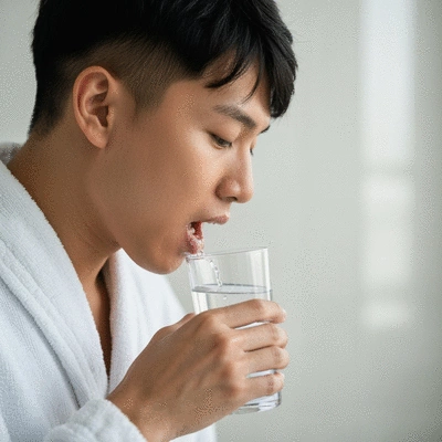 Close-up of a patient's mouth gently rinsing with saltwater after oral surgery, focusing on oral hygiene