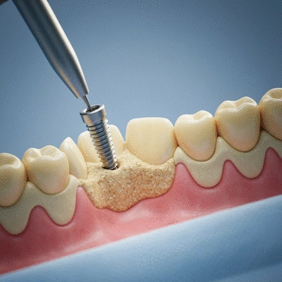 Close-up view of dental implant being placed into a jawbone model with integrated bone graft