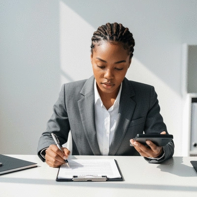 Person reviewing insurance documents with a calculator on a desk