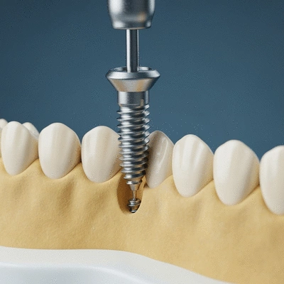 Close-up of a dental implant being placed in a jawbone model