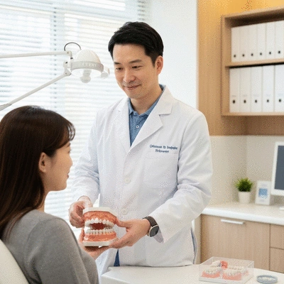 Oral surgeon explaining dental implant procedure to a patient using a 3D model, professional and calm setting, no text, no words, no typography, clean image