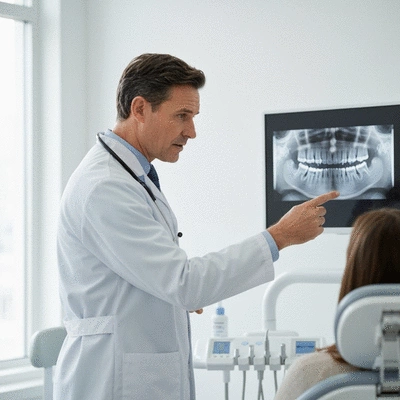 Dentist pointing to an X-ray of a patient's mouth, explaining wisdom teeth issues