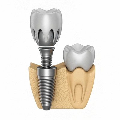 Detailed diagram showing the structure of a dental implant with a titanium post, abutment, and crown, white background, no text, no words, no typography, 8K, clean image