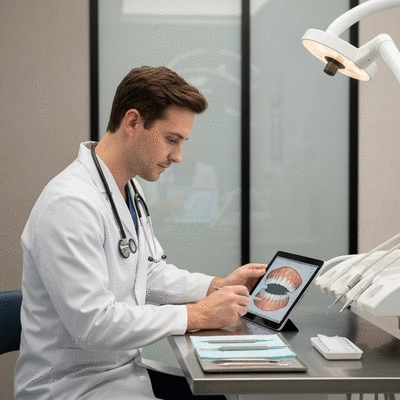 Dentist reviewing patient's dental records on a tablet in a modern clinic, no text, no words, no typography, clean image