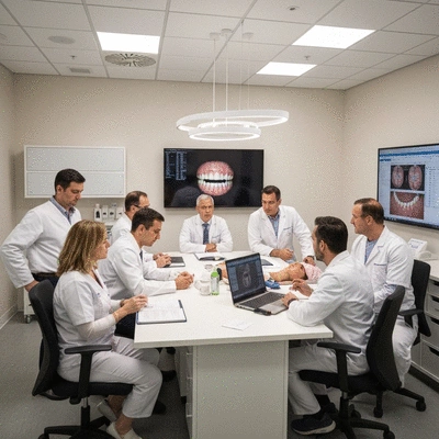 Diverse team of oral surgery specialists discussing a patient's case in a modern clinic, collaborative and professional, no text, no words, no typography, clean image
