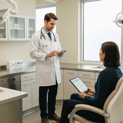 Professional oral surgeon explaining treatment options to a patient using a tablet in a clean, brightly lit consultation room