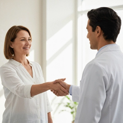 Patient shaking hands with an oral surgeon, symbolizing trust and a clear path forward
