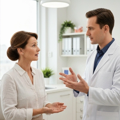 Patient discussing concerns with oral surgeon in a modern clinic setting