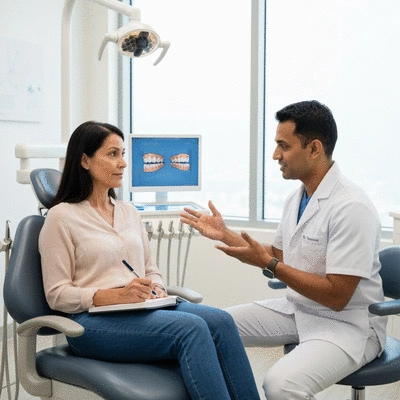 Patient discussing dental implant options with a dentist in a bright, modern clinic