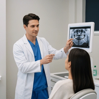Oral surgeon reviewing dental X-rays with a patient in a modern clinic