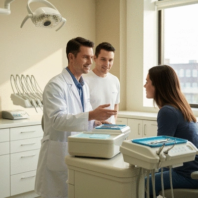 Oral surgeon consulting with a patient in a modern dental office, showing care and professionalism