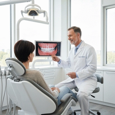 Dental patient consulting with a dentist about post-surgery symptoms