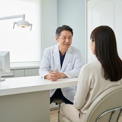 Oral surgeon consulting with a patient in a modern, clean clinic setting