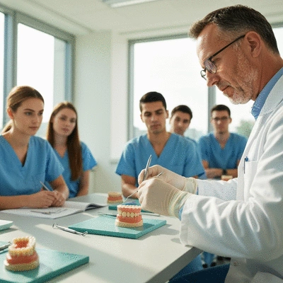 Medical professional demonstrating surgical techniques to dental students in a classroom setting
