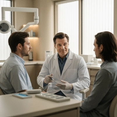 Oral surgeon consulting with a patient in a modern clinic