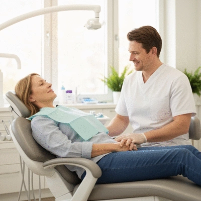 Patient relaxing comfortably in a dental chair with a dentist explaining the procedure, serene and calm atmosphere, no text, no words, no typography, clean image