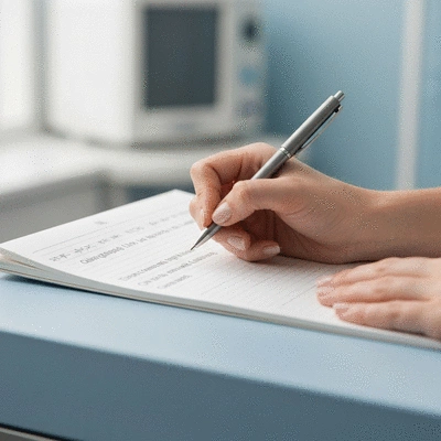 Patient preparing a list of questions for oral surgeon on a notepad