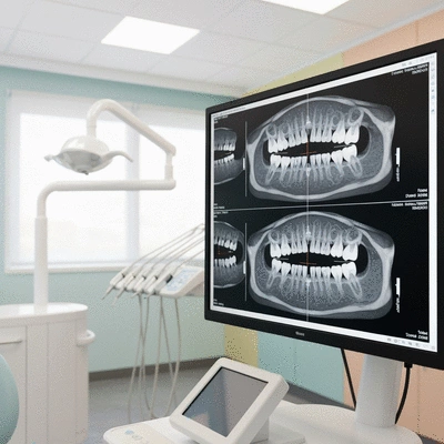 3D dental CBCT scan image on a monitor in a modern dental office, no text, no words, no typography, clean image