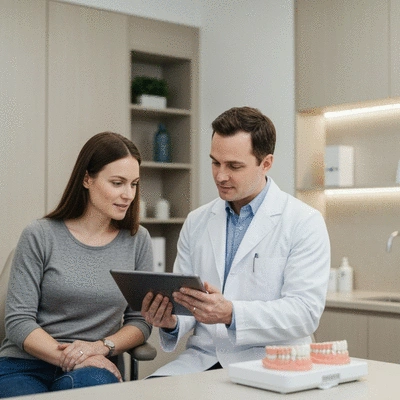 Patient consulting with oral surgeon, discussing treatment options