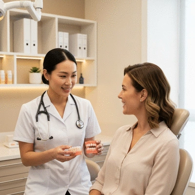 Dentist explaining aftercare to a patient with dental implants