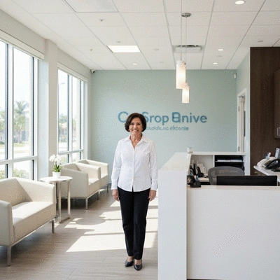 Professional dental office in Fort Myers with a friendly receptionist, modern and clean, no text, no words, no typography, clean image