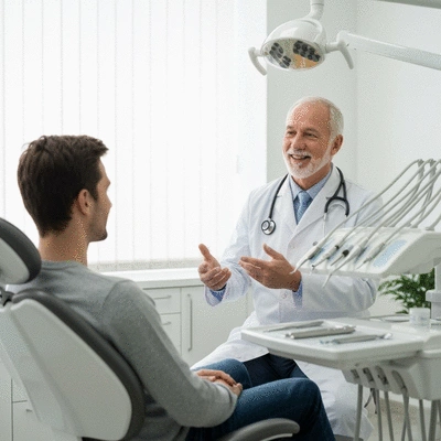 Patient consulting with a dental surgeon, discussing implant options