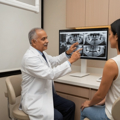 Oral surgeon consulting with a patient, looking at X-rays on a digital screen, professional and clean setting, no text, no words, no typography, clean image